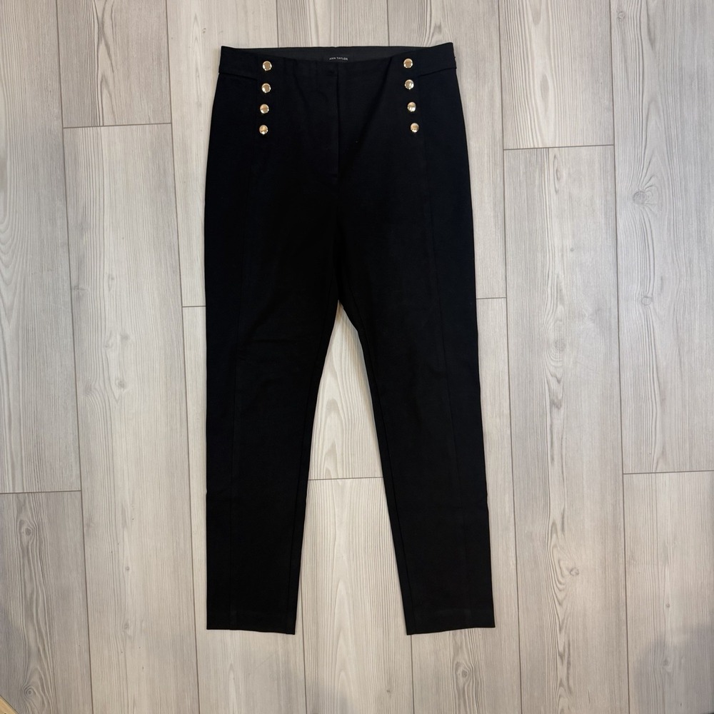 Ann Taylor Women's 10 Black Ponte‎ Knit Trousers with Gold Button Detail Stretch